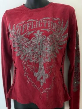 Affliction Women's Deep Red Long Sleeve Top with Silver Stud Detail